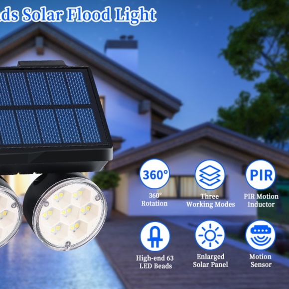 Cusstar 63LEDs Solar Motion Sensor Flood Lights w/ 360° Rotatable Angle 2 Pack - Picture 7 of 7